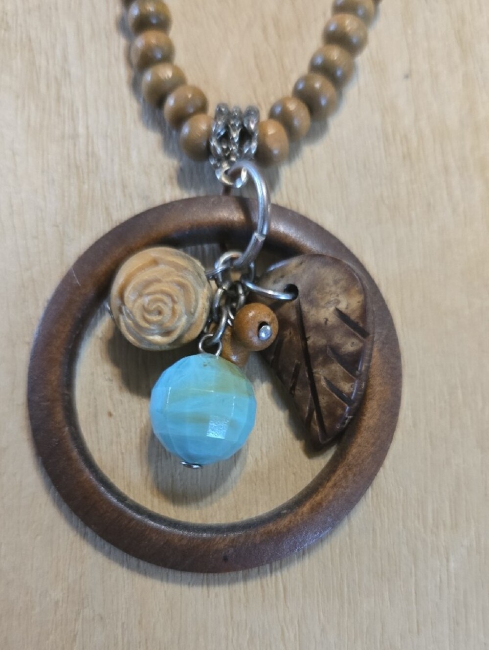 Boho Style Wooden Beaded Pendant  Necklace Earthy Southwestern Western Cowgirl